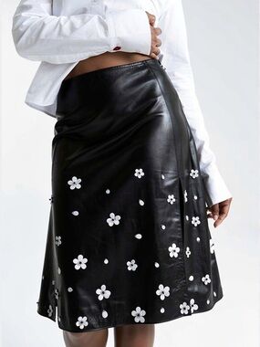 Luca Luca Archival Leather Skirt with Mother-of-Pearl & Lace Detail